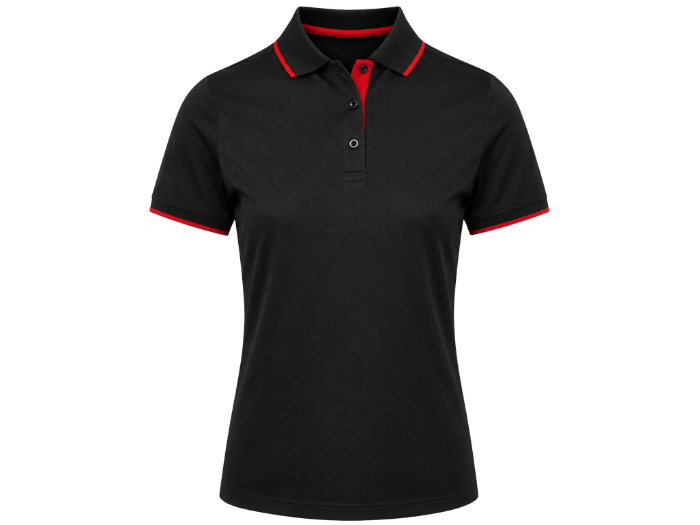 Ladies Contrast Pique Polo Shirt Black and Red | B2B Low MOQ Hospitality Workwear Manufacturer front design preview