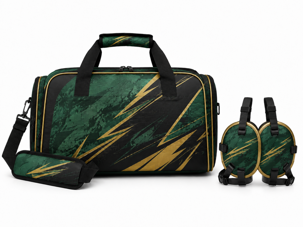 Custom Wrestling Team Bag and Headgear Bag Set | Wholesale Wrestling Gear Bundle | Forest Green Black Gold | Apparels Bridge front design preview