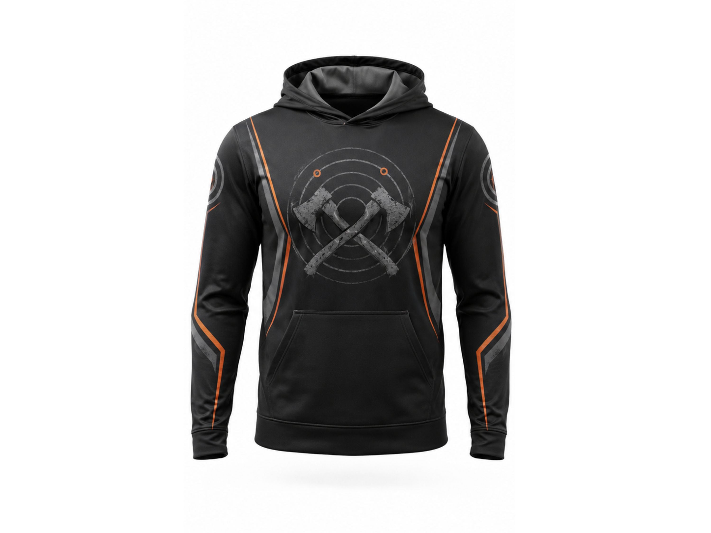 Custom Black Orange Sublimated Axe Throwing Pullover Hoodie – Team Apparel