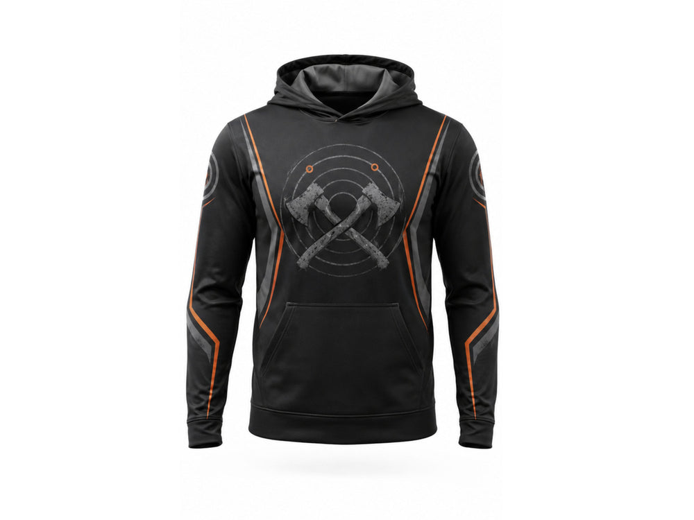 Custom Black Orange Sublimated Axe Throwing Pullover Hoodie B2B Wholesale Manufacturer Low MOQ front design preview