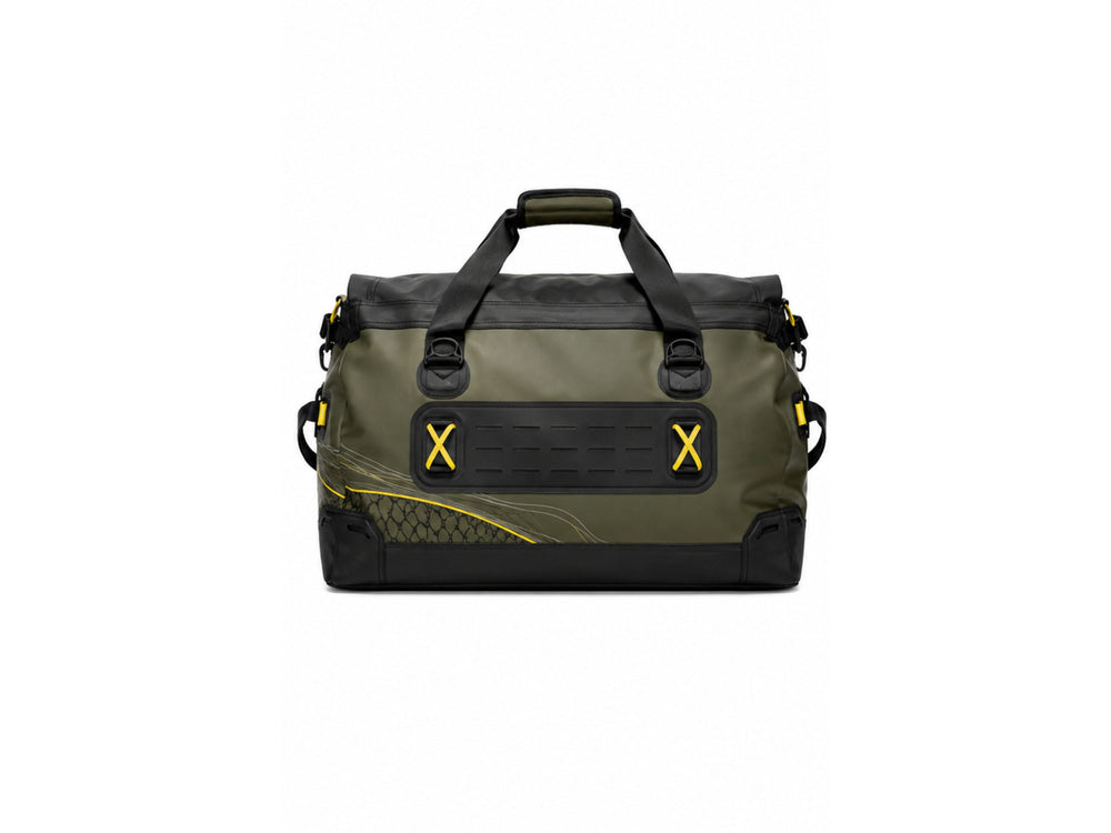 Custom Fishing Duffle Bag | Wholesale Fishing Gear Bag | Olive Green Black | Apparels Bridge front design preview