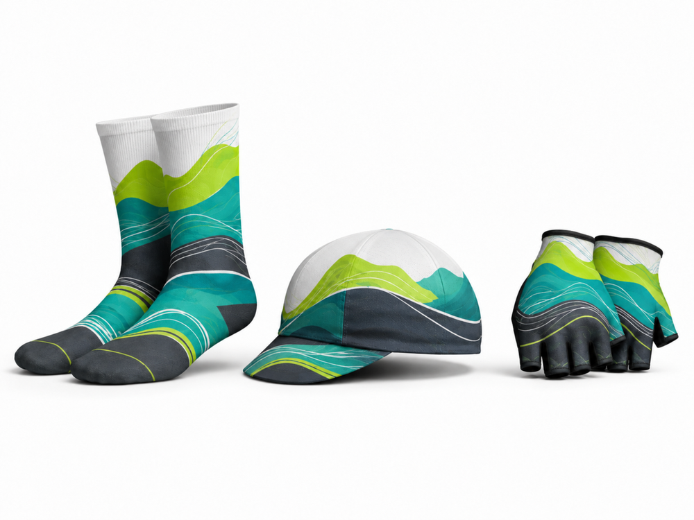 Custom Cycling Socks Helmet and Gloves Set | Wholesale Cycling Team Accessory Bundle | White Green Teal | Apparels Bridge front design preview
