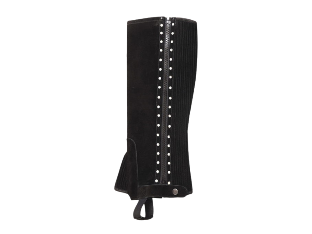 Custom Black Leather Studded Riding Half Chaps Hunting B2B front design preview