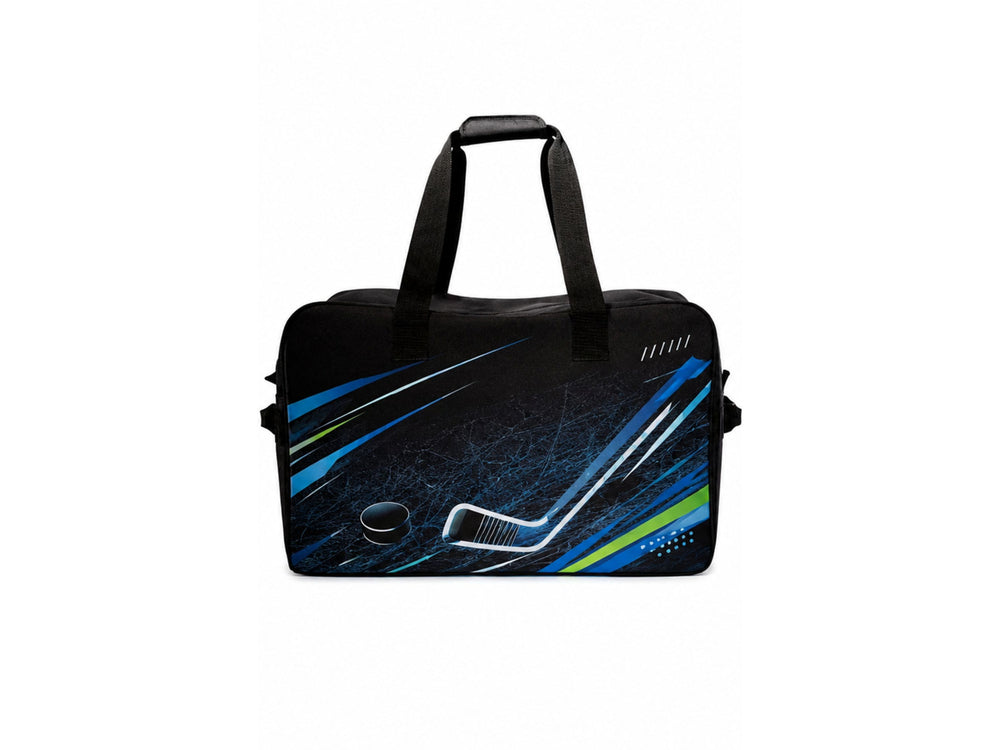 Custom Ice Hockey Team Bag – Black Blue Teal Sublimated Hockey Duffel Bag for Wholesale Orders front design preview