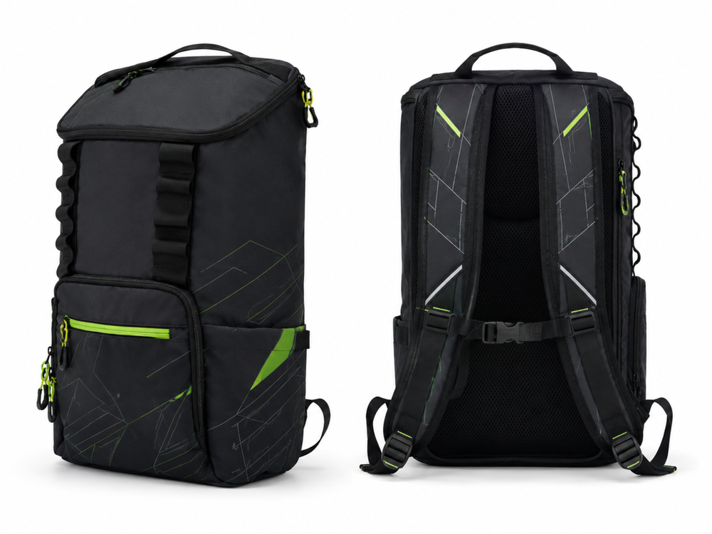 Custom Powerlifting Gym Backpack | Wholesale Strength Training Gear Bag | Black Lime Green | Apparels Bridge front design preview