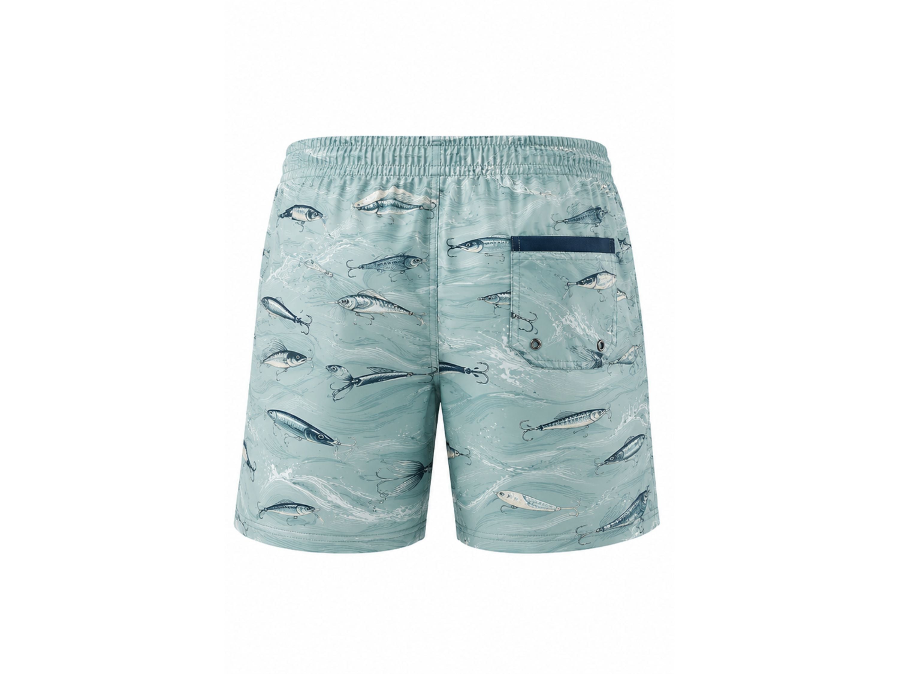 Custom Fishing Shorts – Light Blue Fish-Print, Wholesale, Low MOQ, Bulk Sportswear