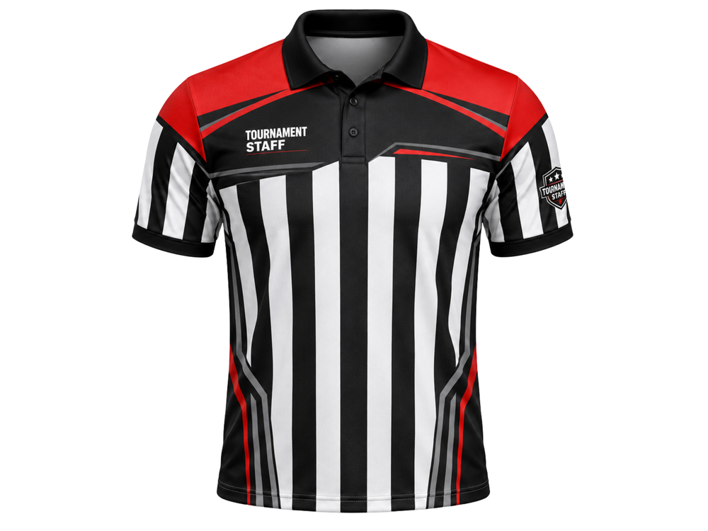 Custom Ping Pong Referee Polo – Black White Striped Tournament Shirt for Wholesale Buyers front design preview