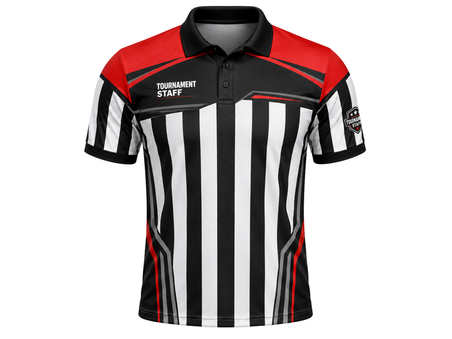 Custom Ping Pong Referee Polo – Black White Striped Tournament Shirt for Wholesale Buyers design preview