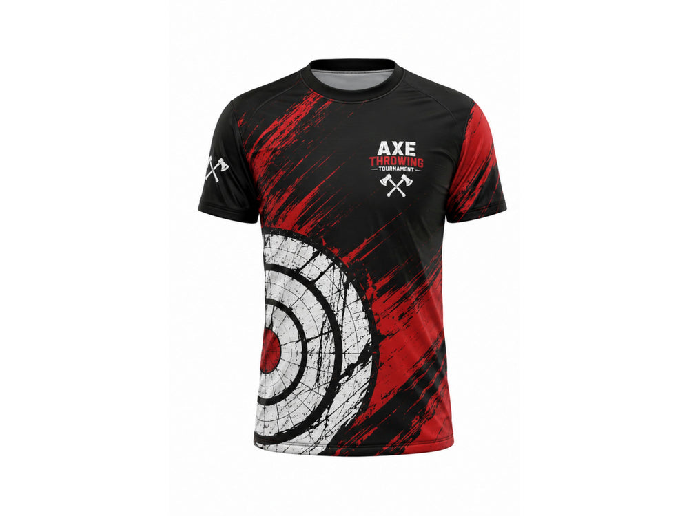 Custom Axe Throwing Tournament Shirt Black Red Teamwear B2B Manufacturer Low MOQ front design preview