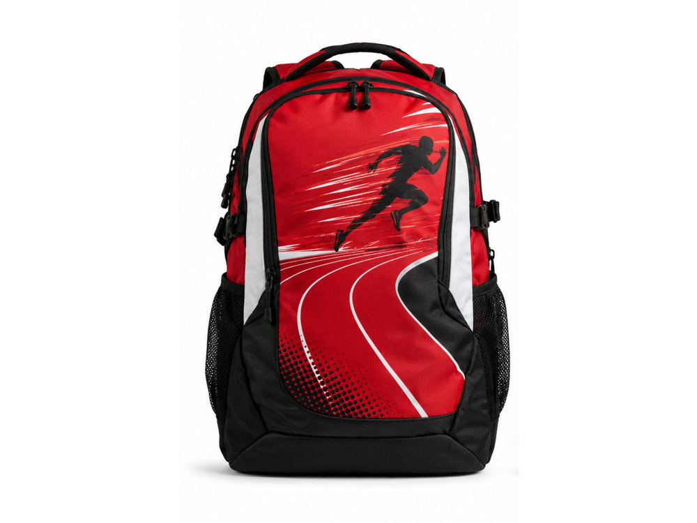 Custom Track & Field Sports Backpack | Wholesale Team Backpack | Red Black | Apparels Bridge front design preview