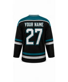 Custom Home Away Ice Hockey Jersey – Black Teal White Sublimated Team Hockey Jersey Wholesale