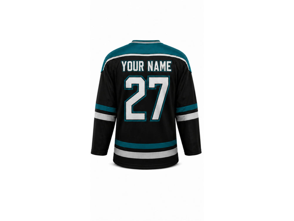 Custom Home Away Ice Hockey Jersey – Black Teal White Sublimated Team Hockey Jersey Wholesale front design preview