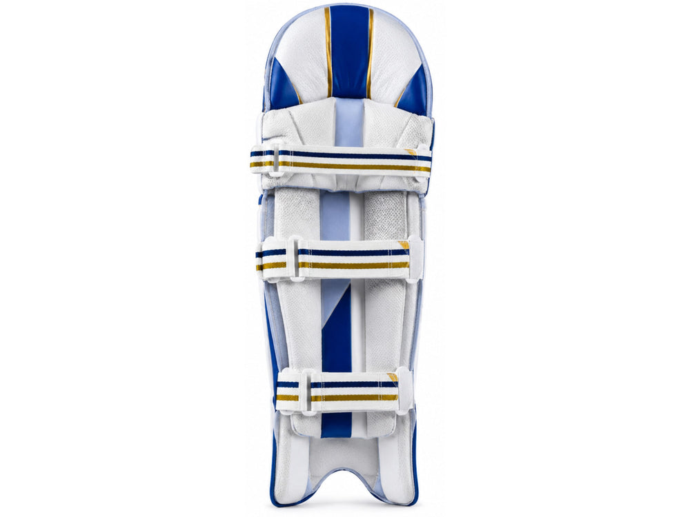 Custom White Blue Yellow Cricket Batting Pads – Wholesale Leg Guards front design preview