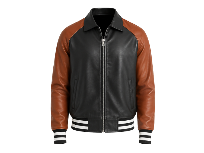 Custom Varsity Black/Brown Leather Jacket B2B Low MOQ front design preview