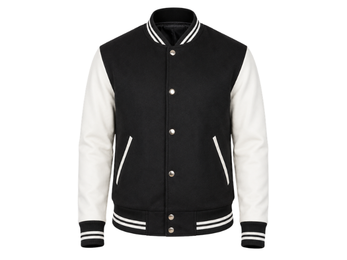 B2B Hybrid Varsity Jacket Black/White Custom Winter Jacket Low MOQ front design preview