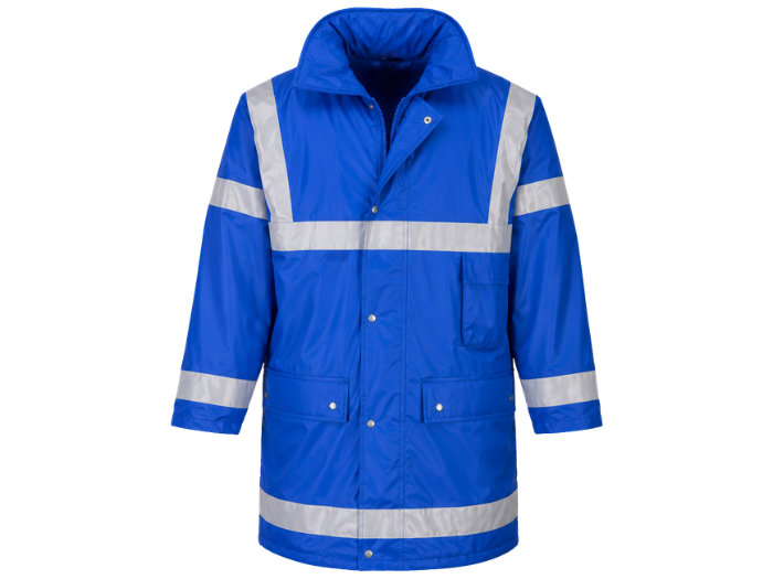 Management Coat for Low MOQ Bulk Orders – Waterproof Reflective Workwear Jacket in Blue front design preview