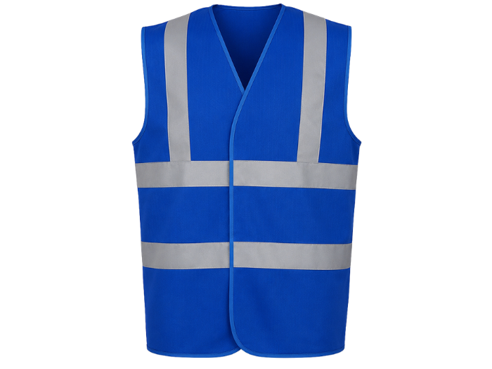 Reflective Braces Waistcoat – Low MOQ B2B Sleeveless Workwear Vest in Blue front design preview