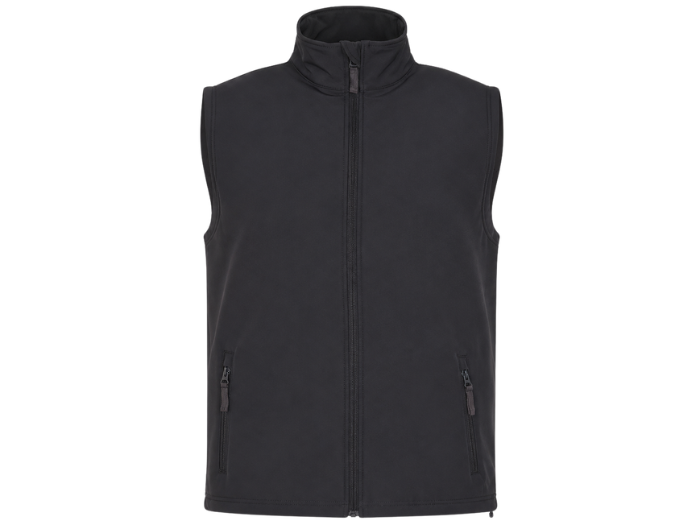 B2B Soft Shell Gilet Charcoal Grey Low MOQ Custom Hairdressing Workwear front design preview