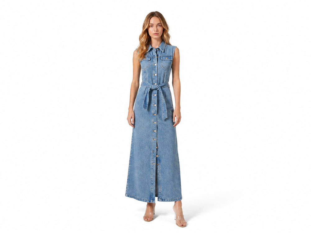 Wholesale Custom Denim Midi Dress Manufacturer Private Label Sleeveless Button Down Dress front design preview
