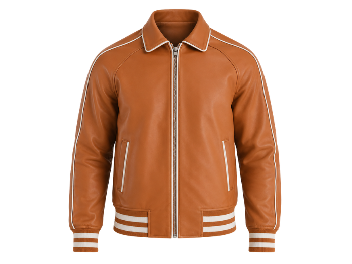 Lined Leather Varsity Jacket Tan Brown Low MOQ Custom Winter Jacket B2B