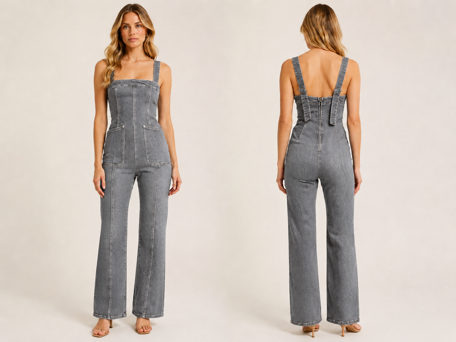 Wholesale Custom Grey Denim Corset Jumpsuit Manufacturer Private Label Flare Overalls design preview