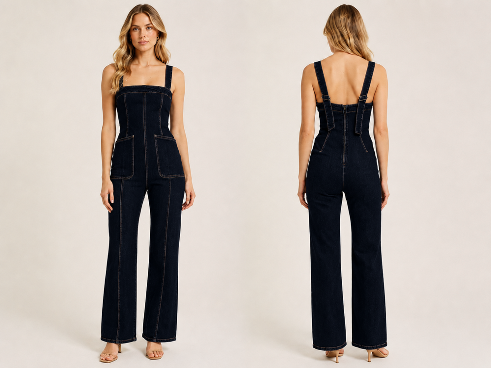 Wholesale Custom Black Denim Corset Jumpsuit Manufacturer Private Label Flare Overalls front design preview