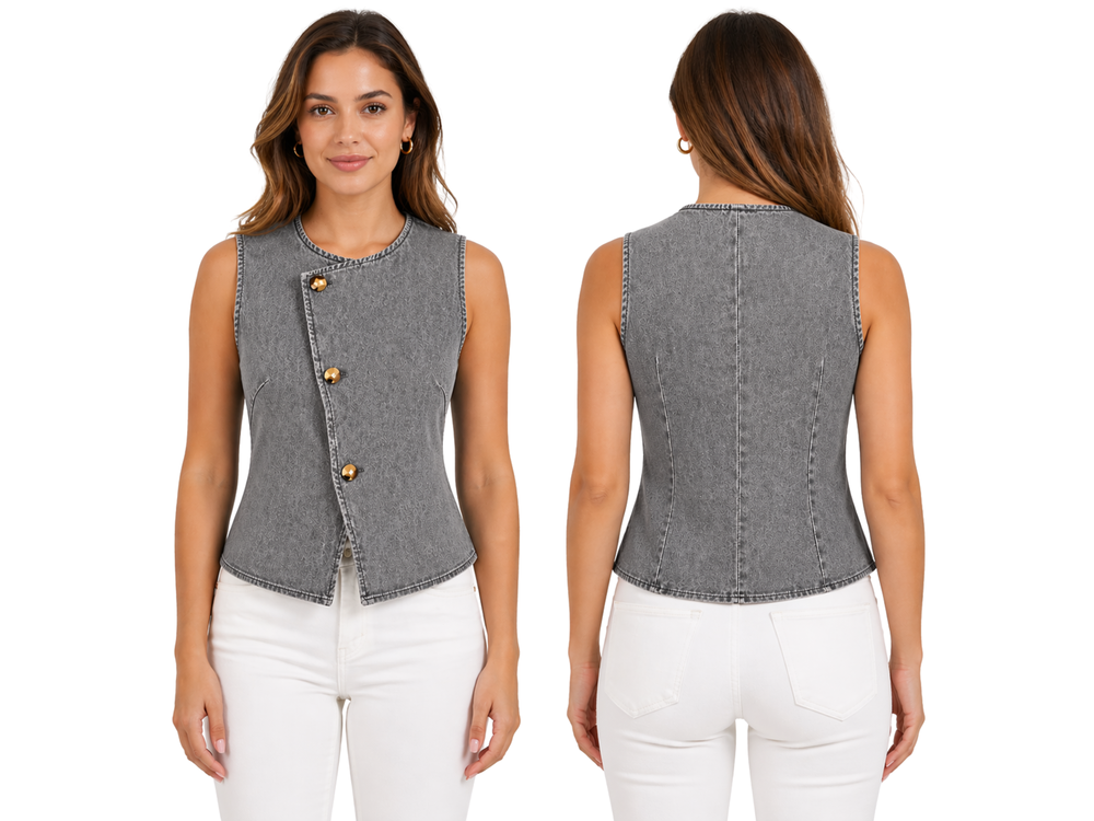 Wholesale Custom Grey Denim Vest Manufacturer Private Label Sleeveless Jean Top front design preview