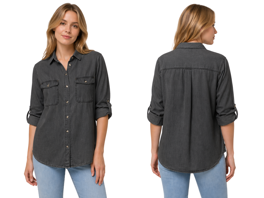 Wholesale Custom Charcoal Denim Shirt Manufacturer Private Label Button Down Jean Shirt front design preview