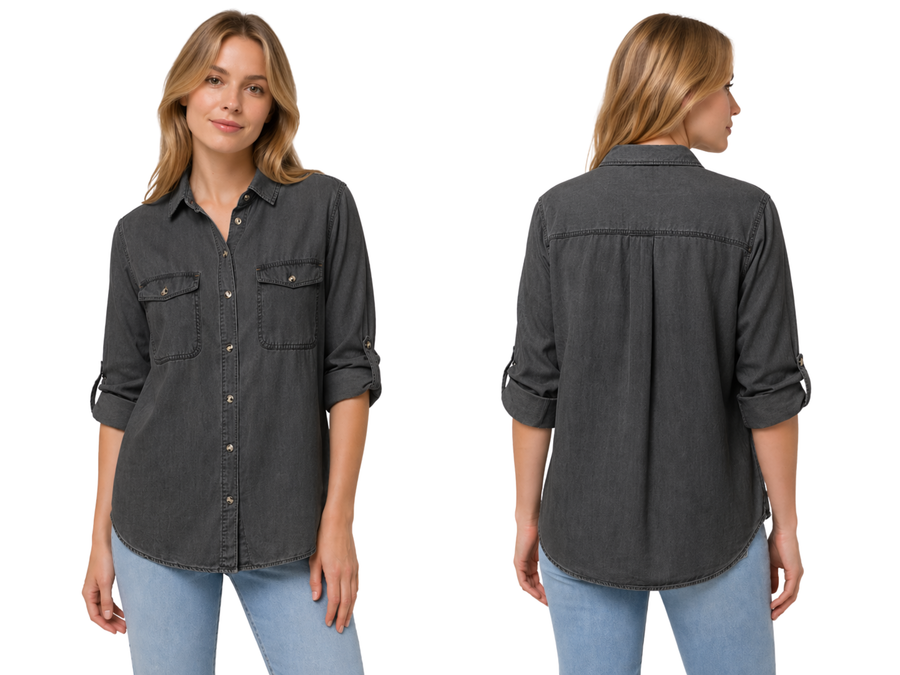 Wholesale Custom Charcoal Denim Shirt Manufacturer Private Label Button Down Jean Shirt design preview