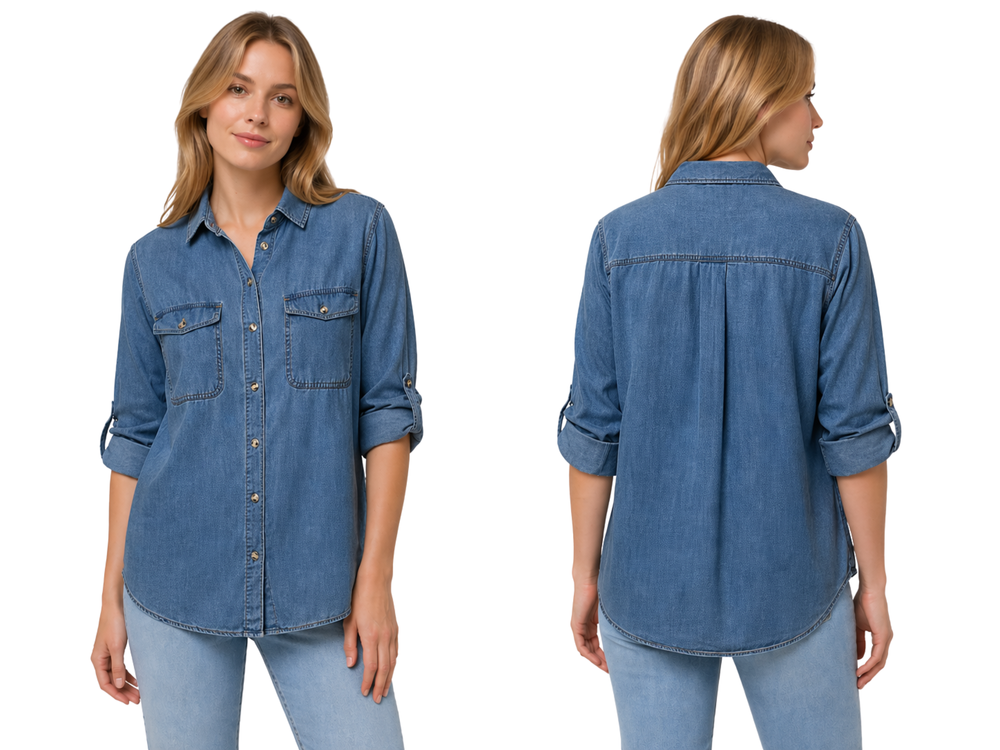 Wholesale Custom Medium Blue Denim Shirt Manufacturer Private Label Button Down Jean Shirt front design preview