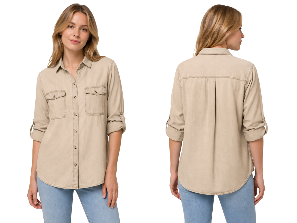 Wholesale Custom Beige Denim Shirt Manufacturer Private Label Button Down Jean Shirt front design preview