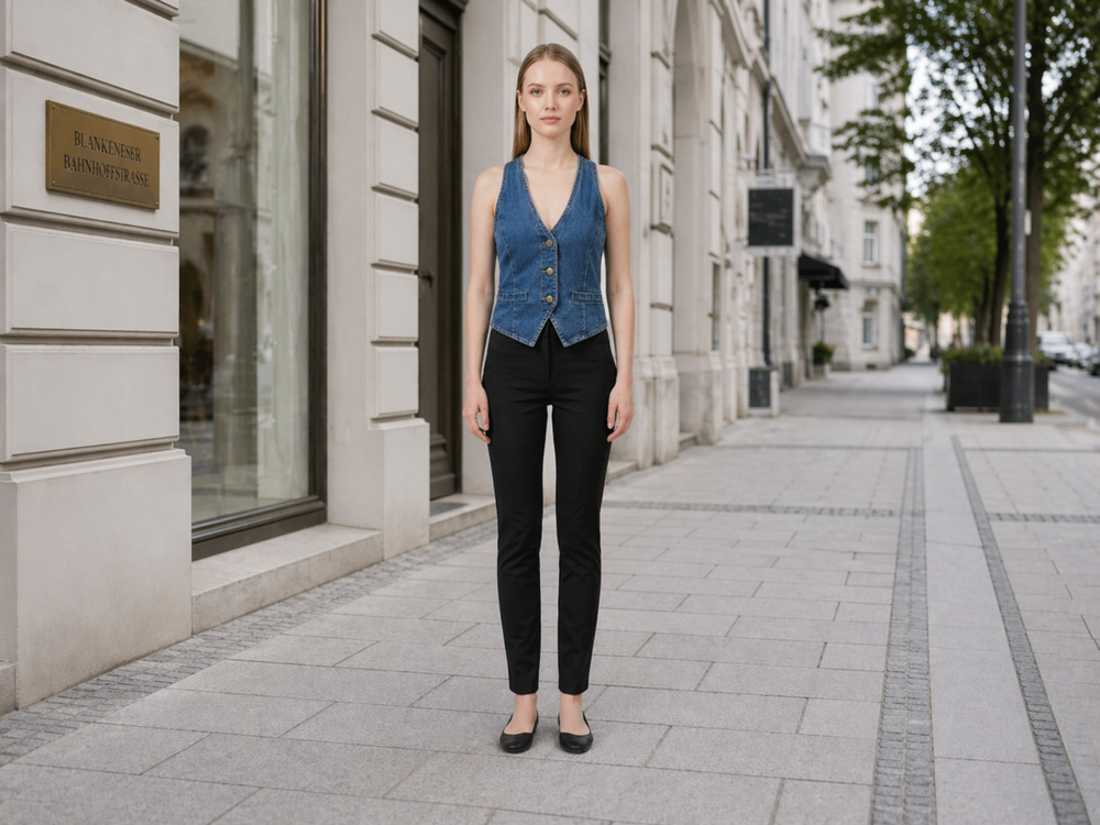 Wholesale Custom Medium Blue Denim Vest Manufacturer Private Label V Neck Jean Waistcoat front design preview