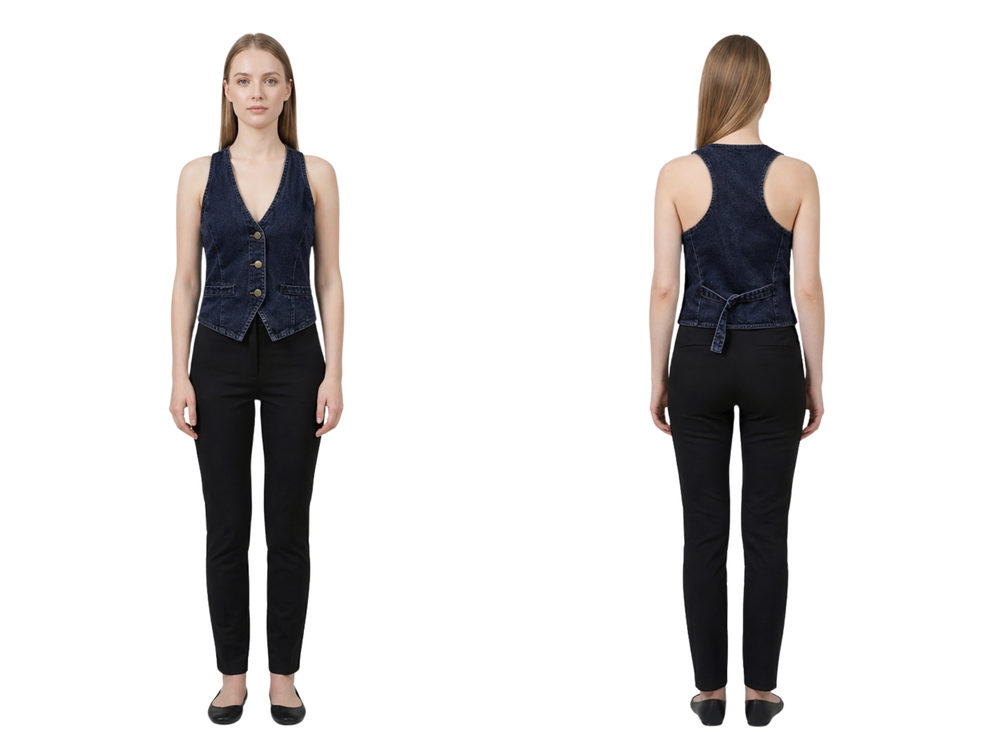 Wholesale Custom Dark Navy Denim Vest Manufacturer Private Label V Neck Jean Waistcoat front design preview