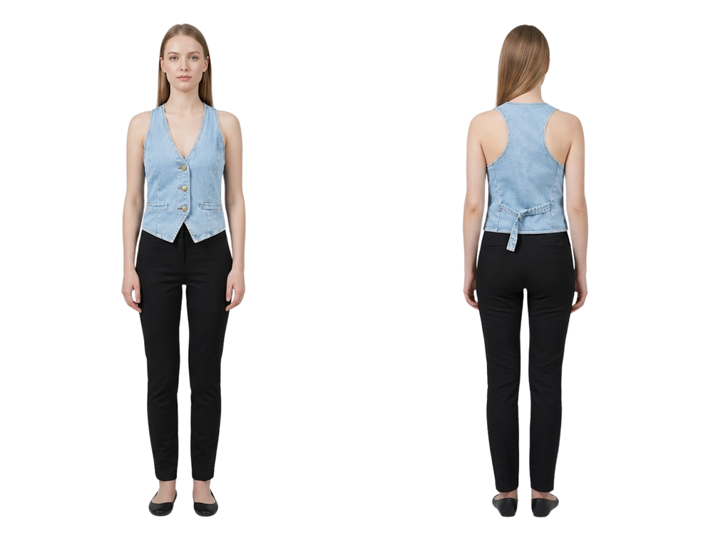 Wholesale Custom Light Blue Denim Vest Manufacturer Private Label V Neck Jean Waistcoat front design preview