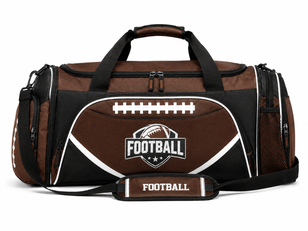 Custom Brown Black American Football Duffel Bag | Wholesale Team Gear Bag front design preview