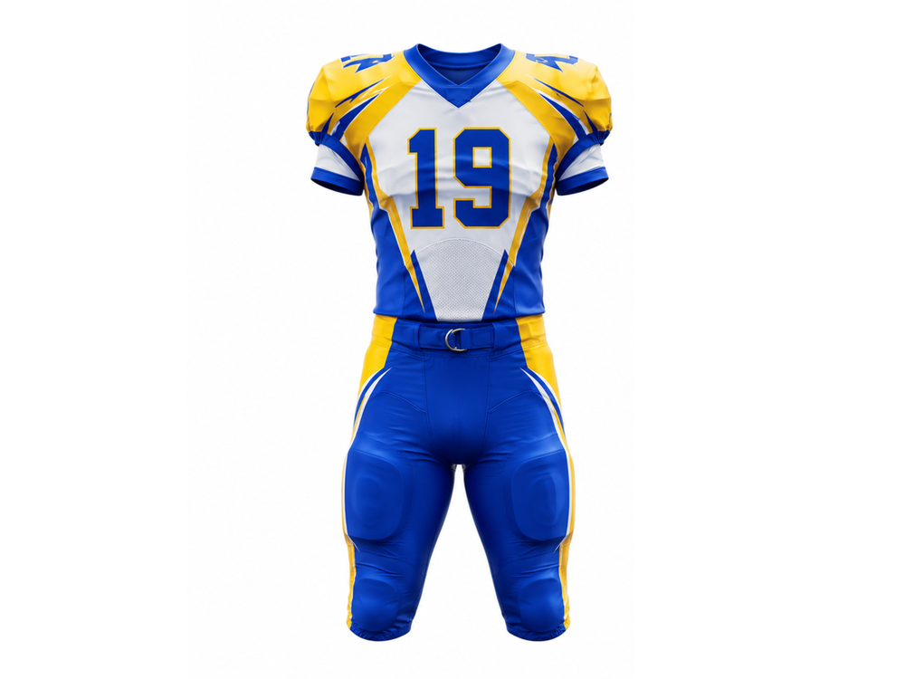 Custom Yellow Blue American Football Uniform | Wholesale Team Jersey and Pants front design preview
