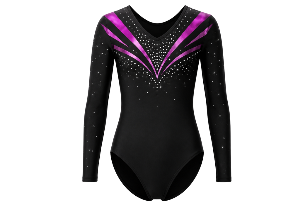 Custom Competition Gymnastics Leotard | Wholesale Gym Team Leotard | Black Pink Purple Sparkle | Apparels Bridge front design preview