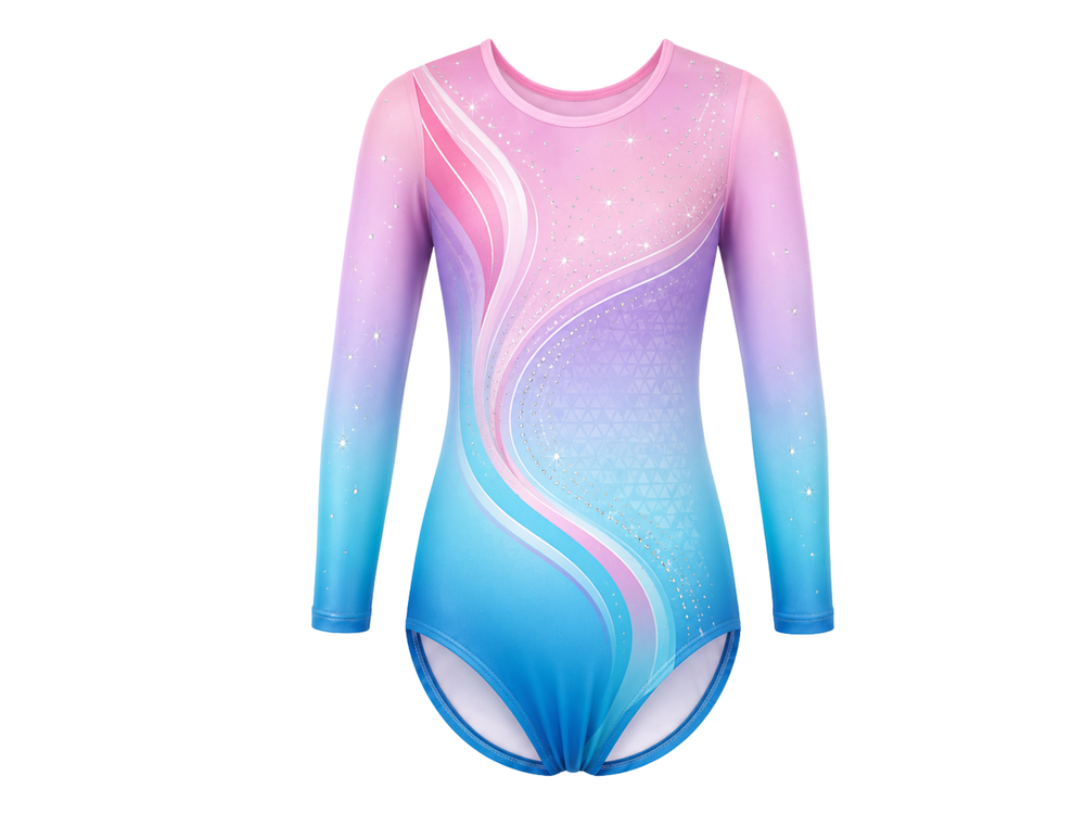 Custom Competition Gymnastics Leotard | Wholesale Gym Team Leotard | Pink Blue Gradient | Apparels Bridge front design preview