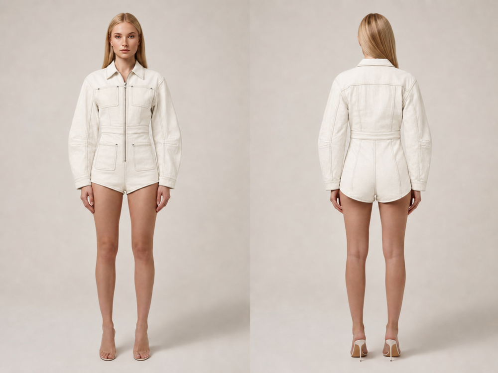 Wholesale Custom White Denim Romper Manufacturer Private Label Long Sleeve Jean Jumpsuit front design preview