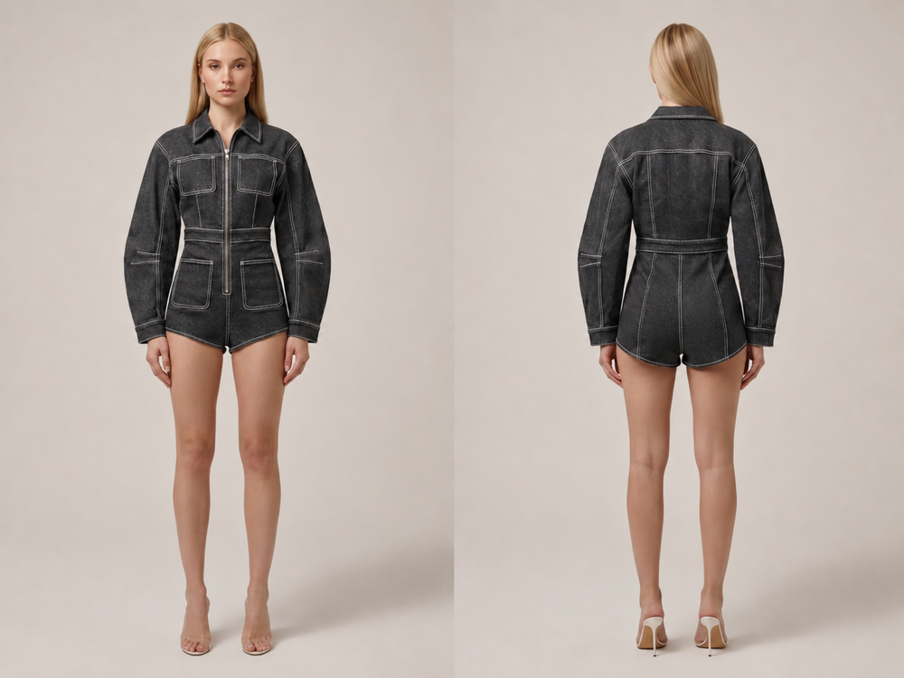 Wholesale Custom Black Denim Romper Manufacturer Private Label Long Sleeve Jean Jumpsuit front design preview