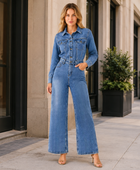 Wholesale Custom Medium Blue Denim Jumpsuit Manufacture Private Label Wide Leg Coverall