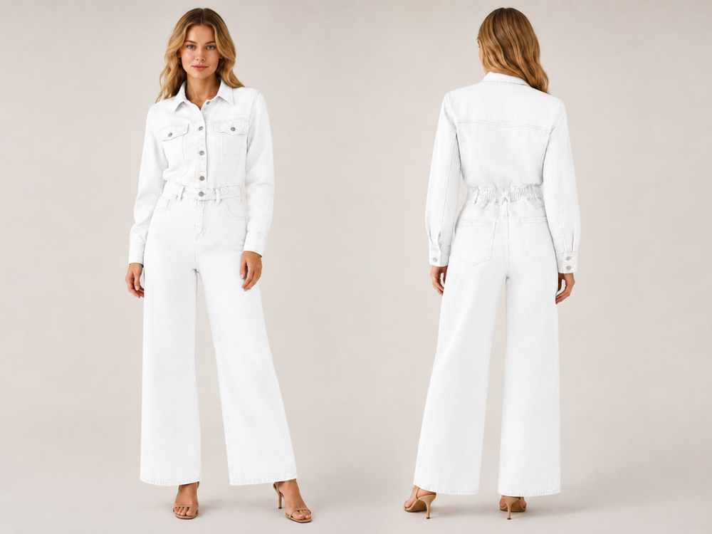 Wholesale Custom White Denim Jumpsuit Manufacturer Private Label Wide Leg Coverall front design preview