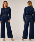 Wholesale Custom Dark Navy Denim Jumpsuit Manufacturer Private Label Wide Leg Coverall