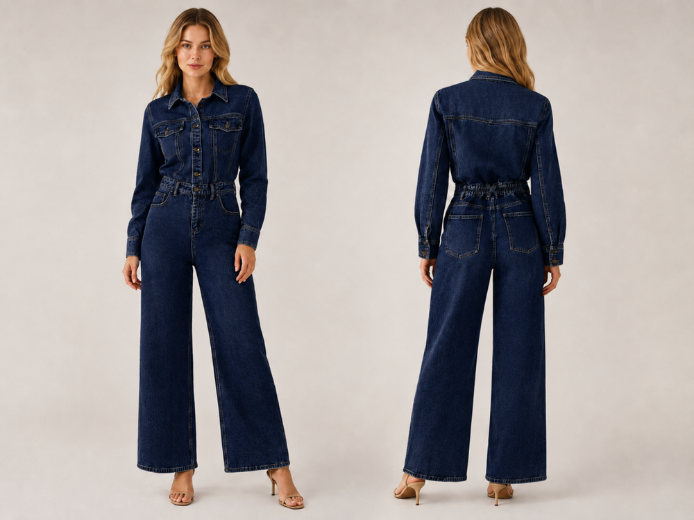 Wholesale Custom Dark Navy Denim Jumpsuit Manufacturer Private Label Wide Leg Coverall front design preview