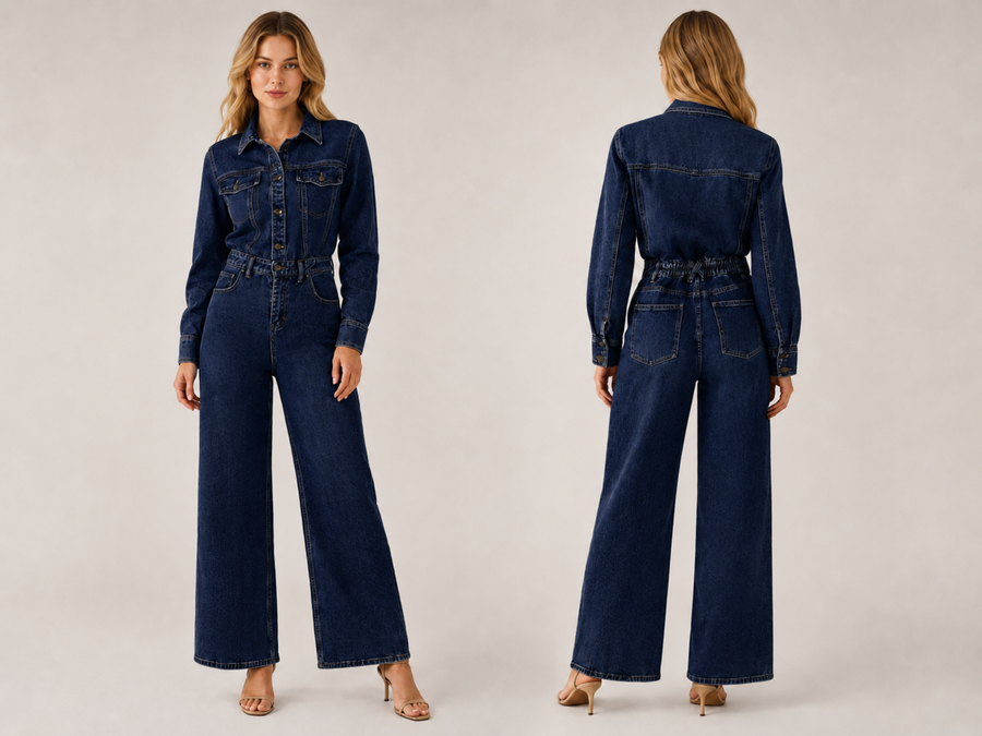 Wholesale Custom Dark Navy Denim Jumpsuit Manufacturer Private Label Wide Leg Coverall design preview
