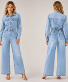 Wholesale Custom Light Blue Denim Jumpsuit Manufacturer Private Label Wide Leg Coverall