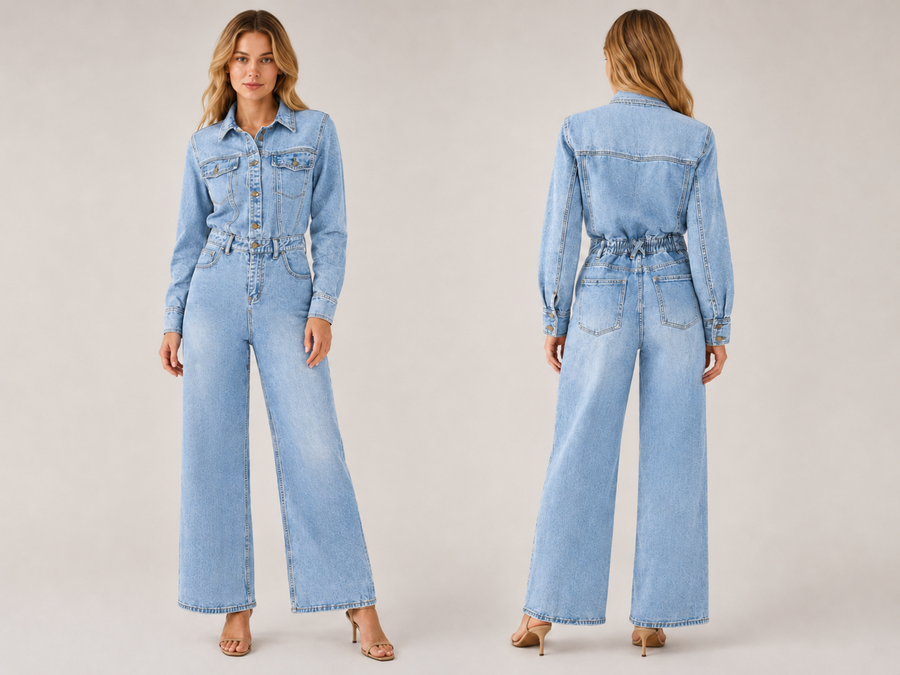 Wholesale Custom Light Blue Denim Jumpsuit Manufacturer Private Label Wide Leg Coverall design preview