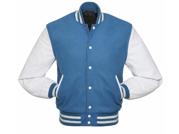 B2B Classic Varsity Jacket Light Blue/White Low MOQ Winter Jacket front design preview