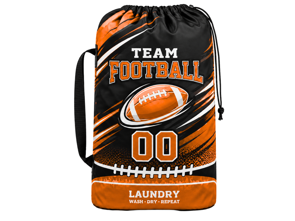 Custom Black Orange American Football Laundry Bag | Wholesale Team Drawstring Bag for Bulk Orders front design preview