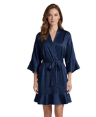Wholesale Navy Blue Silk Short Robe, Custom 3/4 Sleeve Wrap Nightgown Manufacturer for Private Label Brands